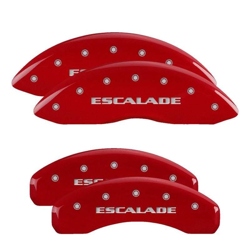 MGP35015SESCRD-MGP 4 Caliper Covers Engraved Front & Rear Escalade Red finish silver ch-Caliper Covers-MGP